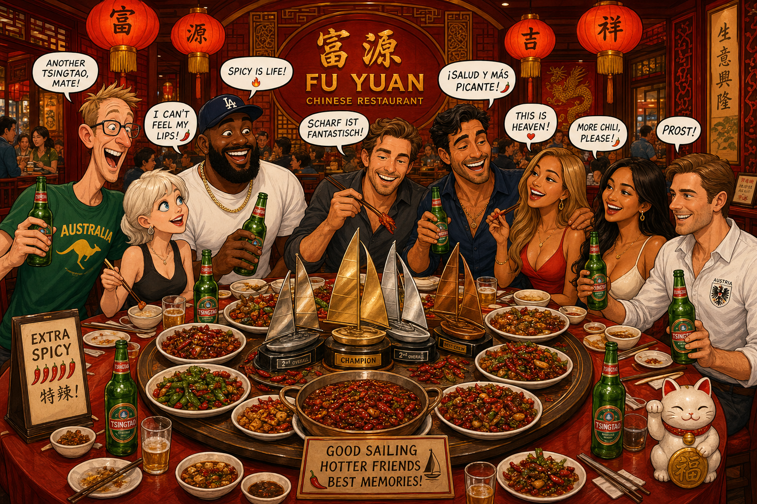 Cartoon dinner scene at Fu Yuan with a round table, lazy susan, sailing trophies, and a group of friends